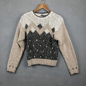 Vintage Liz‎ Wear Knit Sweater Womens Small Beige Geometric Print Cozy Cotton